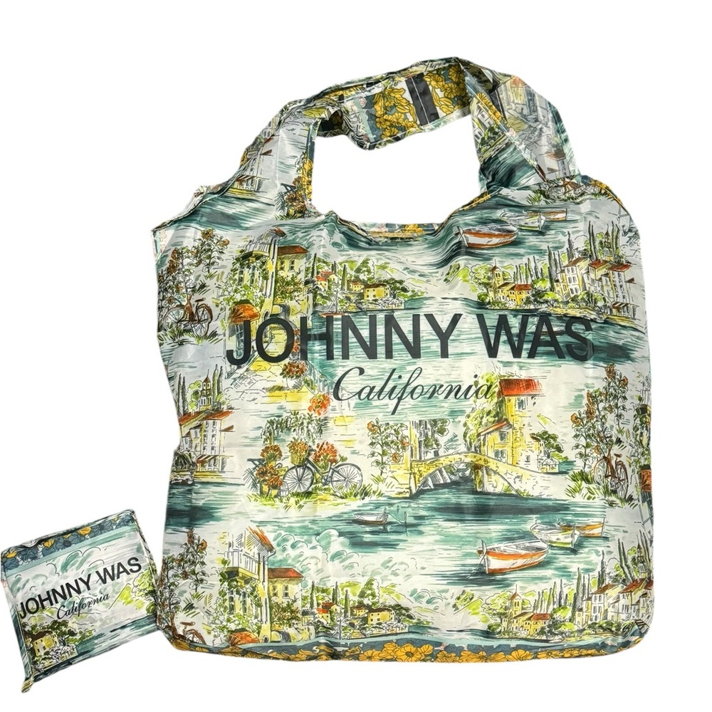 Johnny Was Reusable Nylon Shopping Tote with a European villagescape. NWT